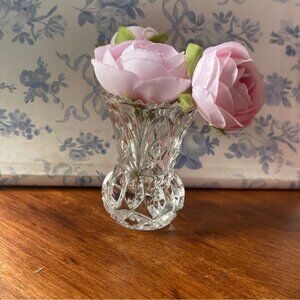 Lead Crystal Mini Bud Vase Toothpick Holder Sawtooth Rim Starburst Bottom 3” VTG